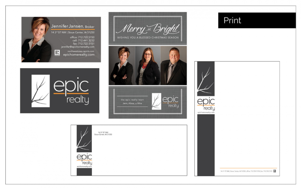 Agency Two Twelve logo development and print material for Epic Realty - Logo Design Northwest Iowa